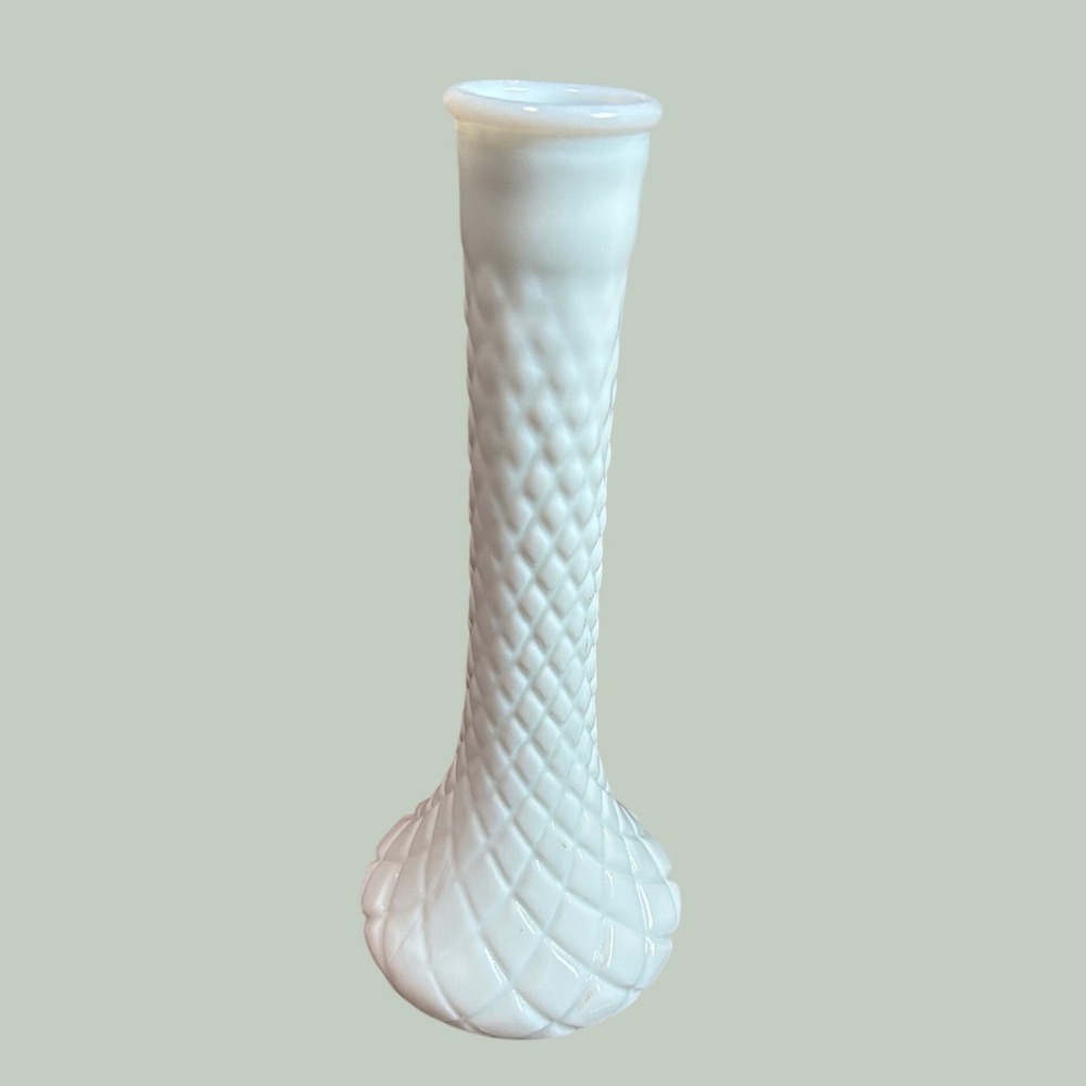 Anchor Hocking Fire-King Wexford Milk Glass Bud Vase 4092 White Diamond Point
